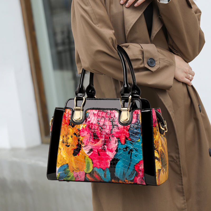 Genuine Cowhide,Glossy Floral Crocodile Grain,Top Handle Satchel Bag,Art Print Women Convertible Handbag,Hand Carry,Cross Shoulder Carry,Daily Commute,Party Travel