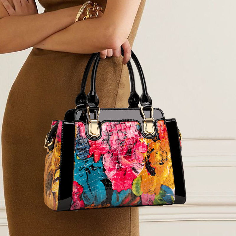 Genuine Cowhide,Glossy Floral Crocodile Grain,Top Handle Satchel Bag,Art Print Women Convertible Handbag,Hand Carry,Cross Shoulder Carry,Daily Commute,Party Travel
