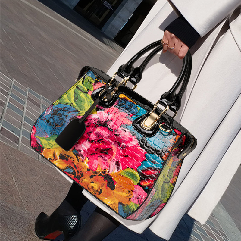Genuine Cowhide,Glossy Floral Crocodile Grain,Top Handle Satchel Bag,Vintage Women Convertible Handbag,Hand Carry,Cross Shoulder Carry,Daily Commute,Short Travel