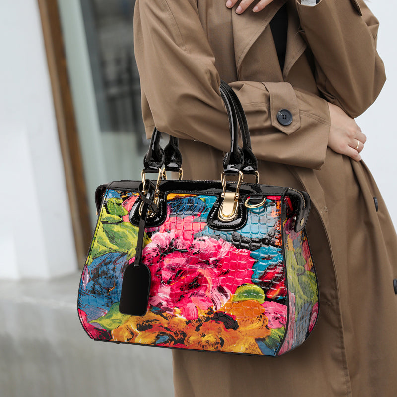 Genuine Cowhide,Glossy Floral Crocodile Grain,Top Handle Satchel Bag,Vintage Women Convertible Handbag,Hand Carry,Cross Shoulder Carry,Daily Commute,Short Travel