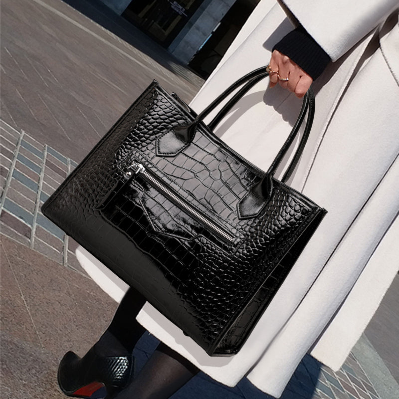 Genuine Cowhide,Glossy Crocodile Grain,Vertical Tote Bag,Women Convertible Work Bag,Hand Carry,Cross Shoulder Carry,Office Commute,Business Trip