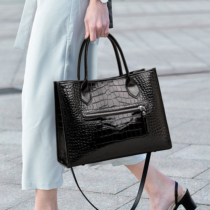 Genuine Cowhide,Glossy Crocodile Grain,Vertical Tote Bag,Women Convertible Work Bag,Hand Carry,Cross Shoulder Carry,Office Commute,Business Trip
