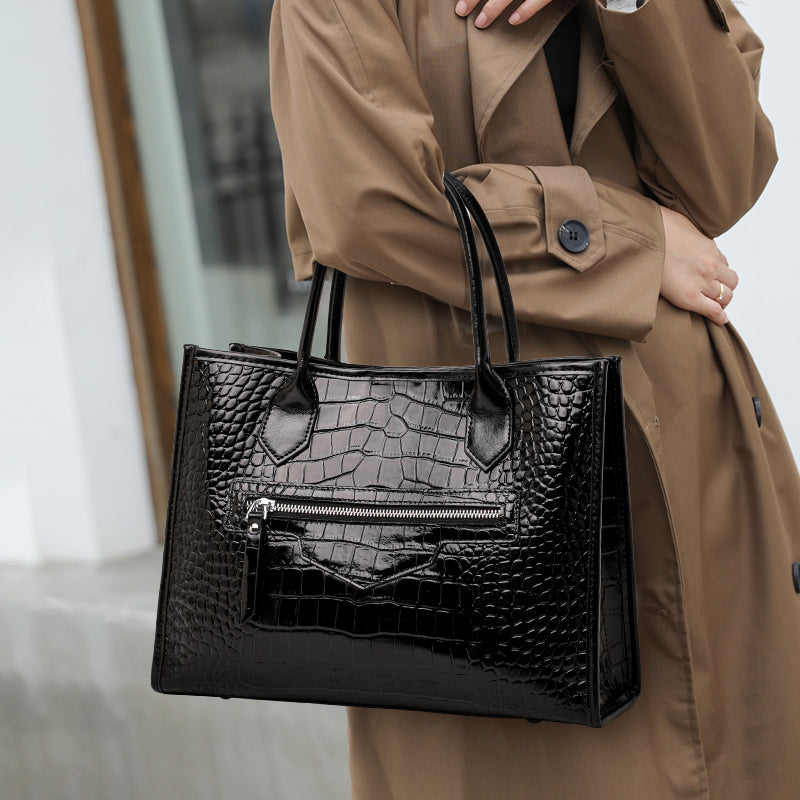 Genuine Cowhide,Glossy Crocodile Grain,Vertical Tote Bag,Women Convertible Work Bag,Hand Carry,Cross Shoulder Carry,Office Commute,Business Trip