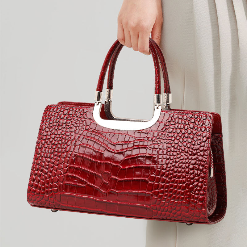 Genuine Cowhide,Glossy Crocodile Grain,Rectangle Tote Bag,Women Convertible Work Bag,Hand Cross Carry,Office Business Trip
