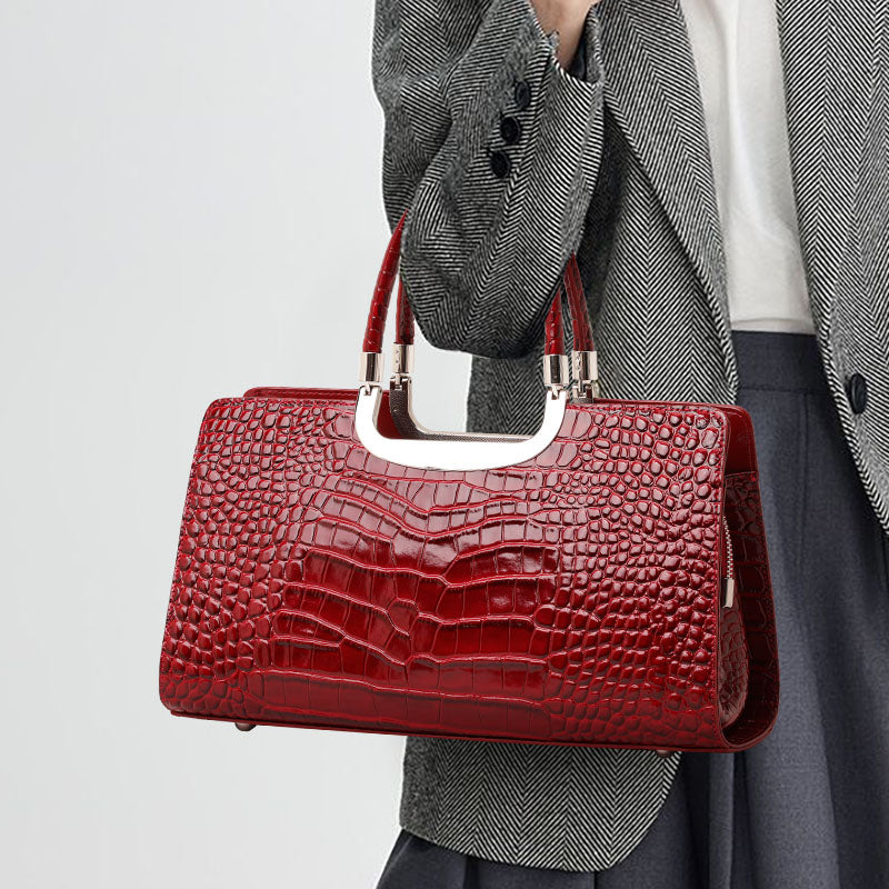 Genuine Cowhide,Glossy Crocodile Grain,Rectangle Tote Bag,Women Convertible Work Bag,Hand Cross Carry,Office Business Trip