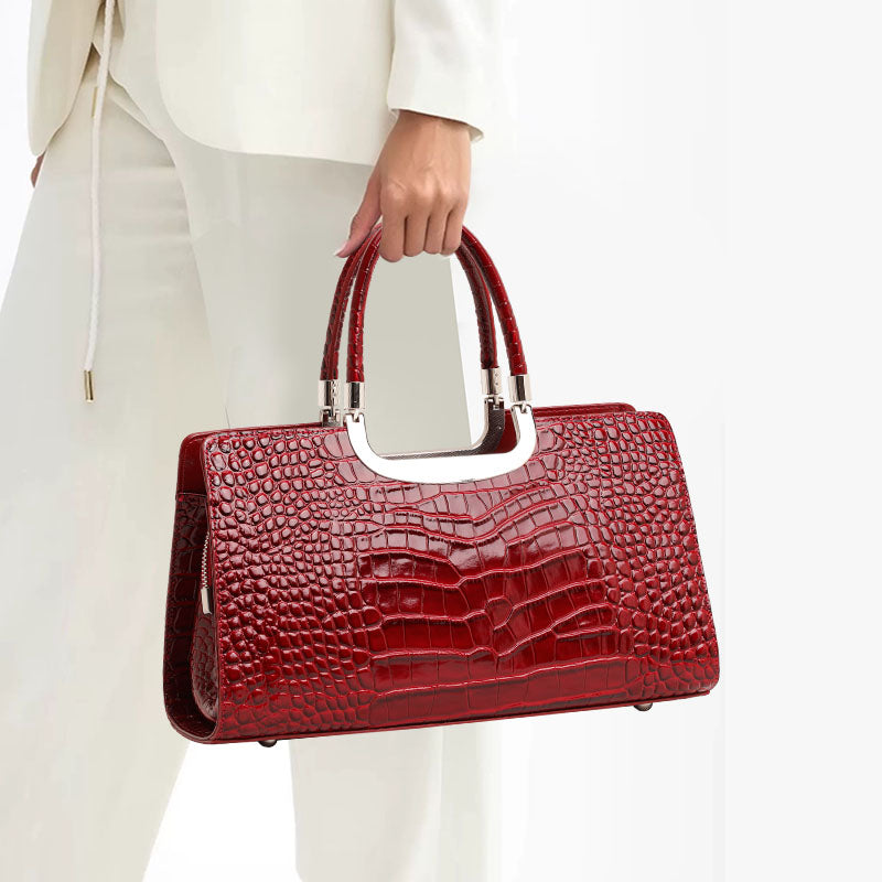 Genuine Cowhide,Glossy Crocodile Grain,Rectangle Tote Bag,Women Convertible Work Bag,Hand Cross Carry,Office Business Trip