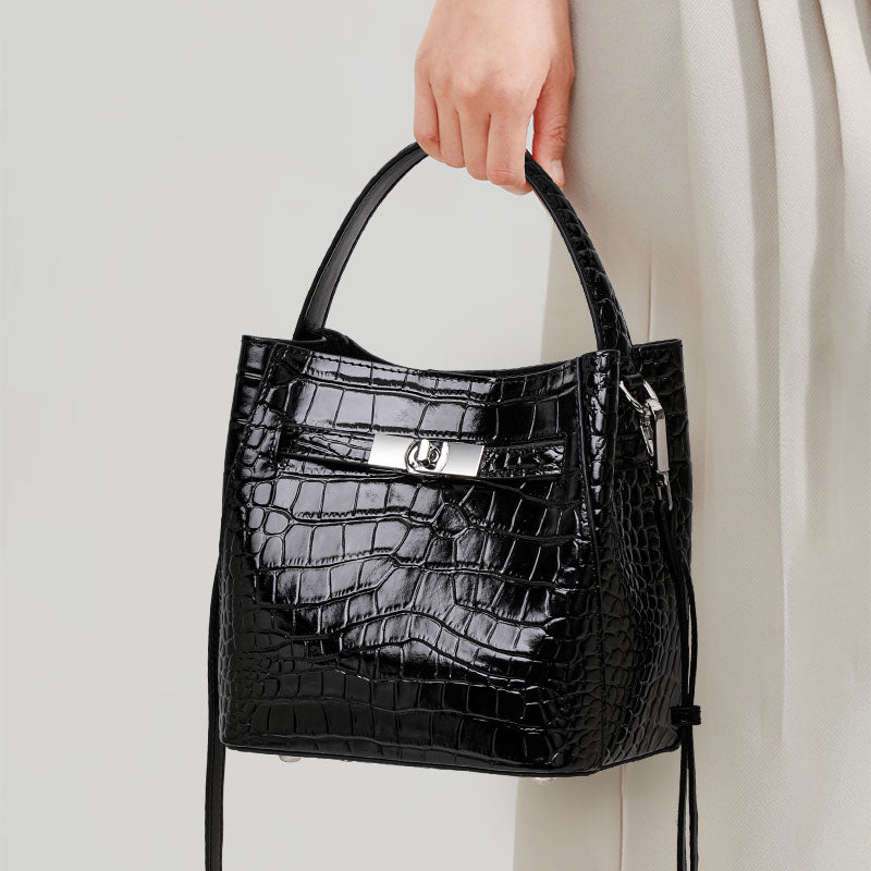 Genuine Cowhide,Crocodile Glossy Grain,Bucket Bag,Women Convertible Crossbody Bag,Hand Carry,Cross Shoulder Carry,Daily Commute,Short Travel