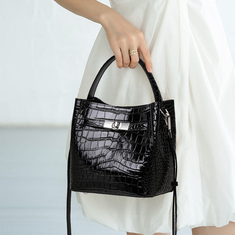 Genuine Cowhide,Crocodile Glossy Grain,Bucket Bag,Women Convertible Crossbody Bag,Hand Carry,Cross Shoulder Carry,Daily Commute,Short Travel