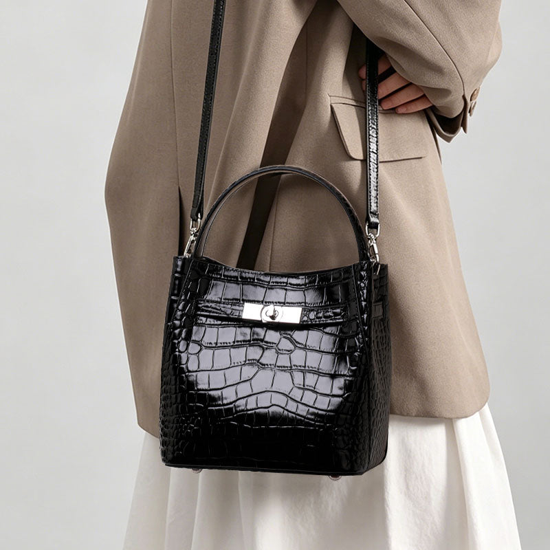 Genuine Cowhide,Crocodile Glossy Grain,Bucket Bag,Women Convertible Crossbody Bag,Hand Carry,Cross Shoulder Carry,Daily Commute,Short Travel