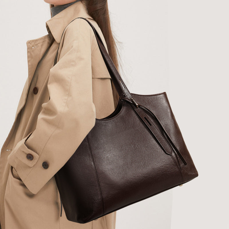 Genuine Cowhide Women Tote Bag,Oil Wax Grain Leather Shoulder Bag,Adjustable Strap Large Capacity Work Handbag