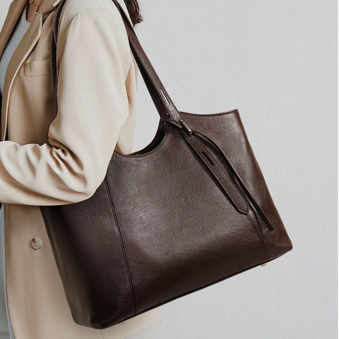 Genuine Cowhide Women Tote Bag,Oil Wax Grain Leather Shoulder Bag,Adjustable Strap Large Capacity Work Handbag