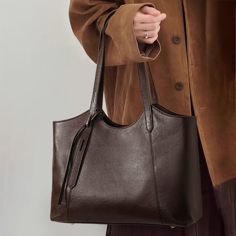 Genuine Cowhide Women Tote Bag,Oil Wax Grain Leather Shoulder Bag,Adjustable Strap Large Capacity Work Handbag
