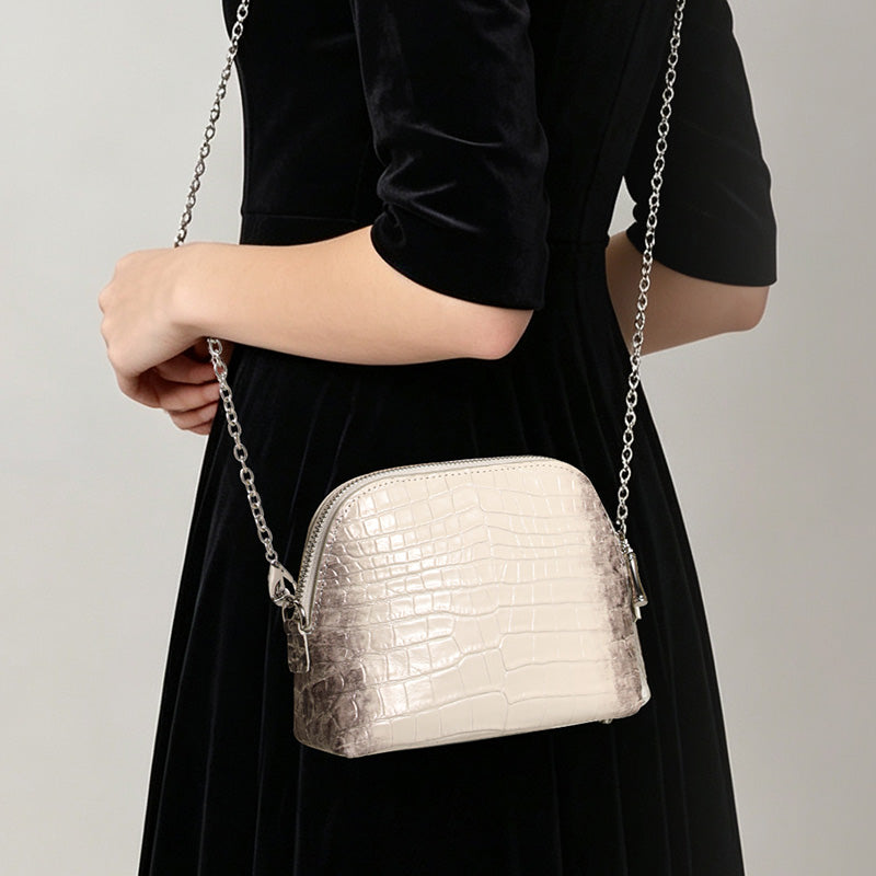 Genuine Cowhide Womens Crossbody Bag,Ombre Crocodile Embossed Shell Purse,Zipper Pocket Detachable Chain Shoulder Bag