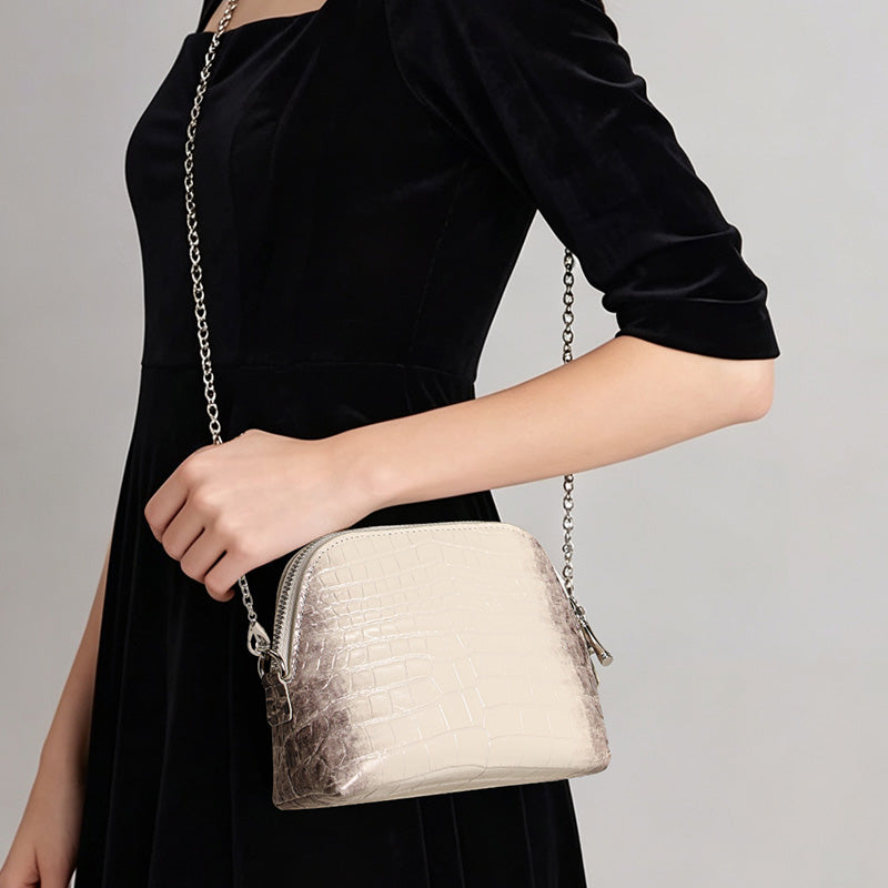 Genuine Cowhide Womens Crossbody Bag,Ombre Crocodile Embossed Shell Purse,Zipper Pocket Detachable Chain Shoulder Bag