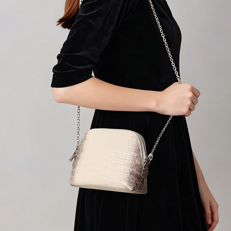 Genuine Cowhide Womens Crossbody Bag,Ombre Crocodile Embossed Shell Purse,Zipper Pocket Detachable Chain Shoulder Bag