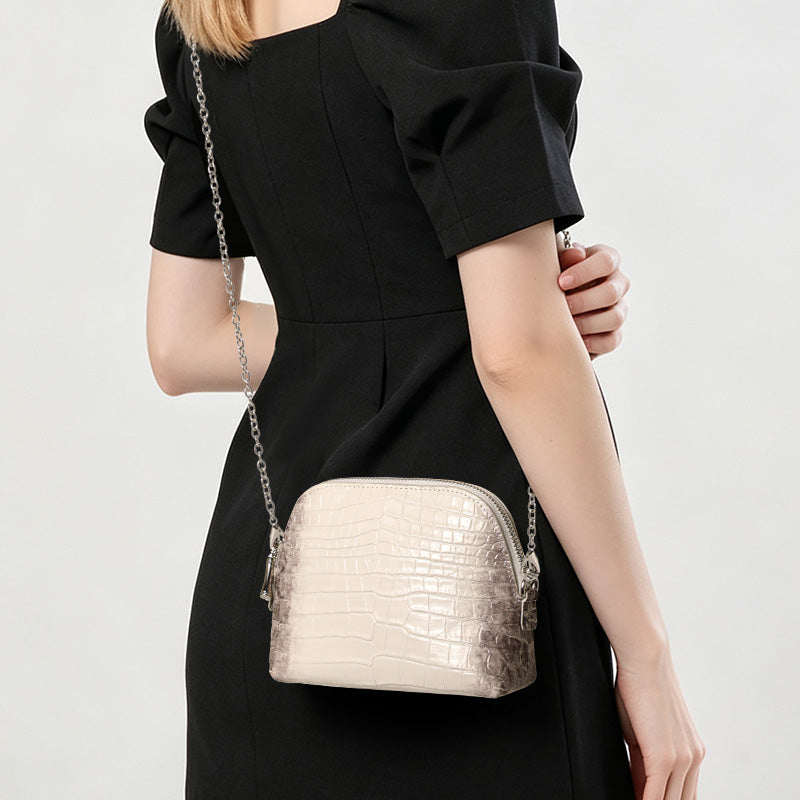 Genuine Cowhide Womens Crossbody Bag,Ombre Crocodile Embossed Shell Purse,Zipper Pocket Detachable Chain Shoulder Bag