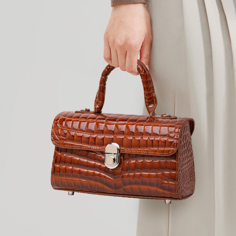 Genuine Cowhide Womens Handbag,Glossy Crocodile Embossed Mini Box Bag,Flip Lock Detachable Strap Crossbody Purse