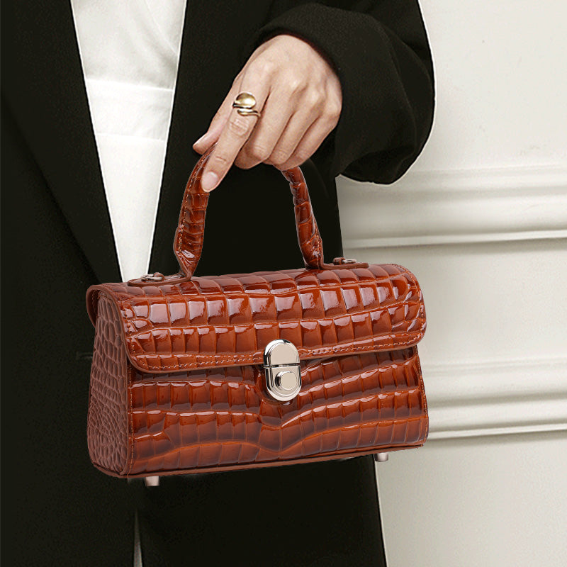 Genuine Cowhide Womens Handbag,Glossy Crocodile Embossed Mini Box Bag,Flip Lock Detachable Strap Crossbody Purse