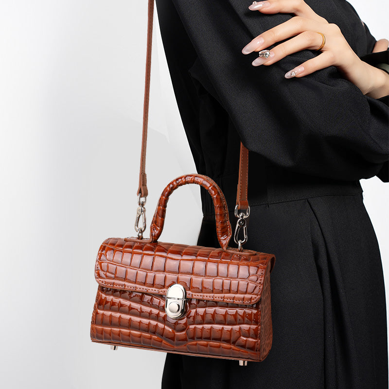 Genuine Cowhide Womens Handbag,Glossy Crocodile Embossed Mini Box Bag,Flip Lock Detachable Strap Crossbody Purse