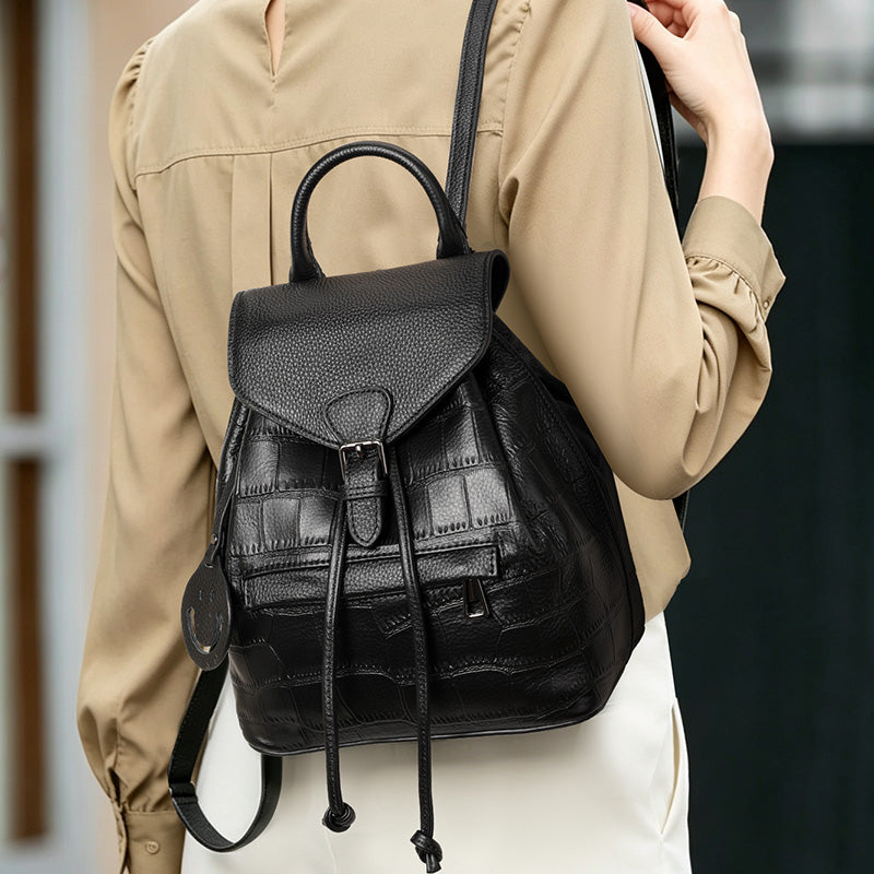 Genuine Cowhide Womens Backpack,Crocodile Embossed Drawstring Daypack,Flap Buckle Multi Pocket Travel Shoulder Bag