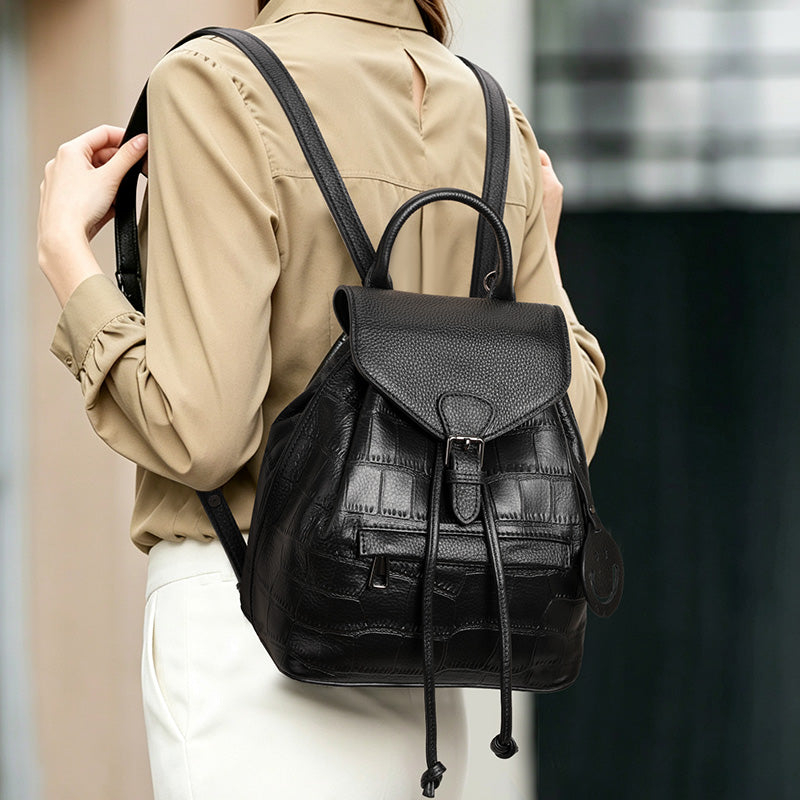 Genuine Cowhide Womens Backpack,Crocodile Embossed Drawstring Daypack,Flap Buckle Multi Pocket Travel Shoulder Bag