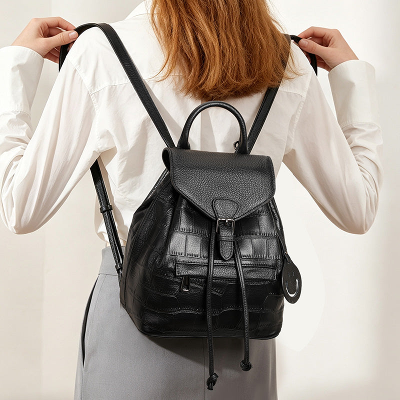 Genuine Cowhide Womens Backpack,Crocodile Embossed Drawstring Daypack,Flap Buckle Multi Pocket Travel Shoulder Bag