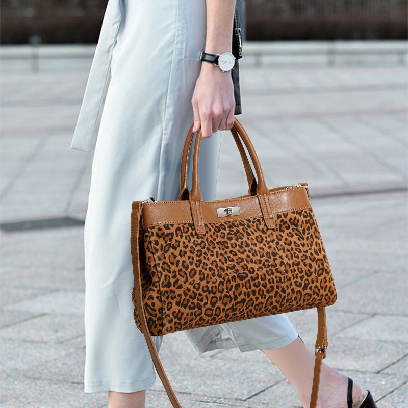 Genuine Cowhide Womens Tote Bag,Leopard Print Textured Handheld Purse,Detachable Shoulder Strap Large Capacity Commuter Handbag
