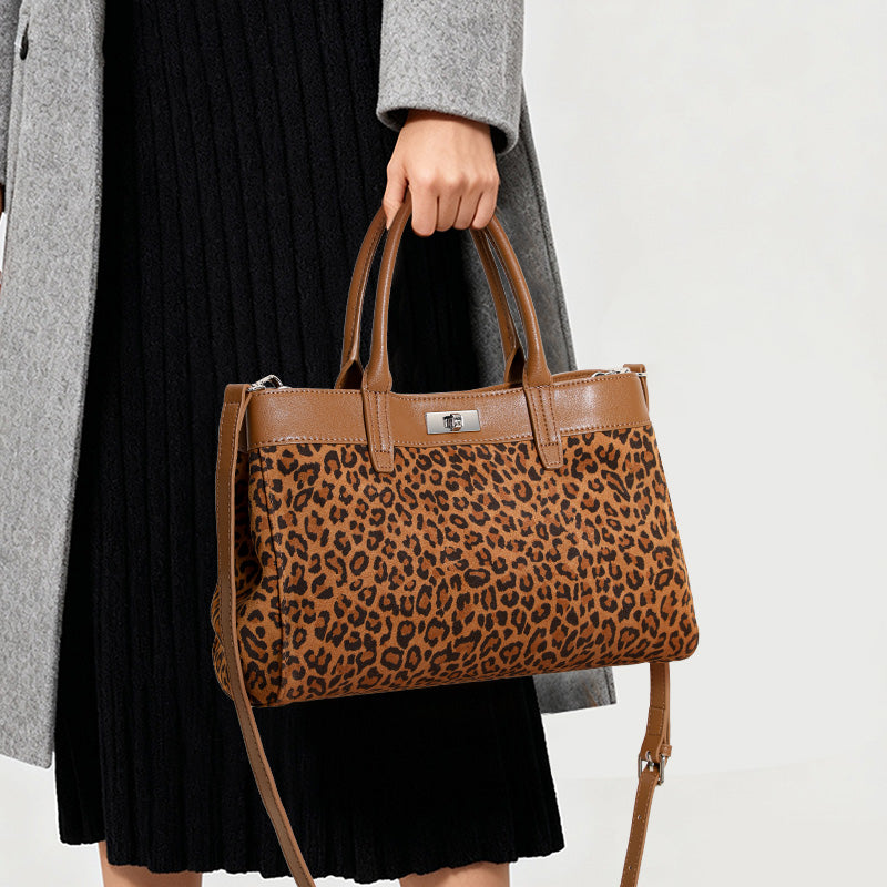 Genuine Cowhide Womens Tote Bag,Leopard Print Textured Handheld Purse,Detachable Shoulder Strap Large Capacity Commuter Handbag