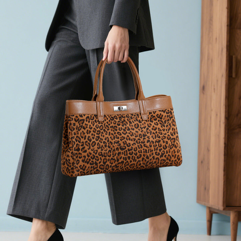 Genuine Cowhide Womens Tote Bag,Leopard Print Textured Handheld Purse,Detachable Shoulder Strap Large Capacity Commuter Handbag