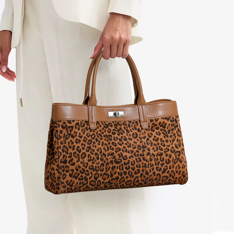 Genuine Cowhide Womens Tote Bag,Leopard Print Textured Handheld Purse,Detachable Shoulder Strap Large Capacity Commuter Handbag