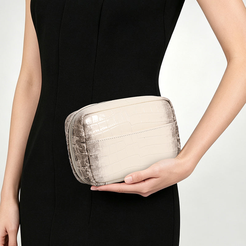 Genuine Cowhide Womens Makeup Pouch,Gradient Croc Embossed Case,Multi Internal Pocket Portable Travel Cosmetic Storage Bag