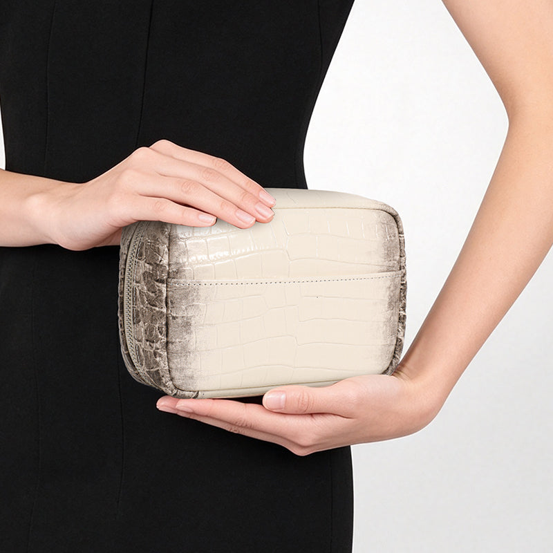 Genuine Cowhide Womens Makeup Pouch,Gradient Croc Embossed Case,Multi Internal Pocket Portable Travel Cosmetic Storage Bag