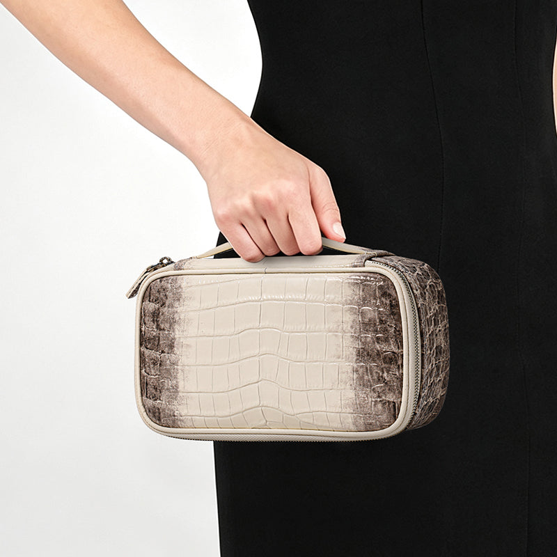 Genuine Cowhide Womens Makeup Bag,Crocodile Embossed Portable Cosmetic Pouch,Mini Travel Skincare Storage Case