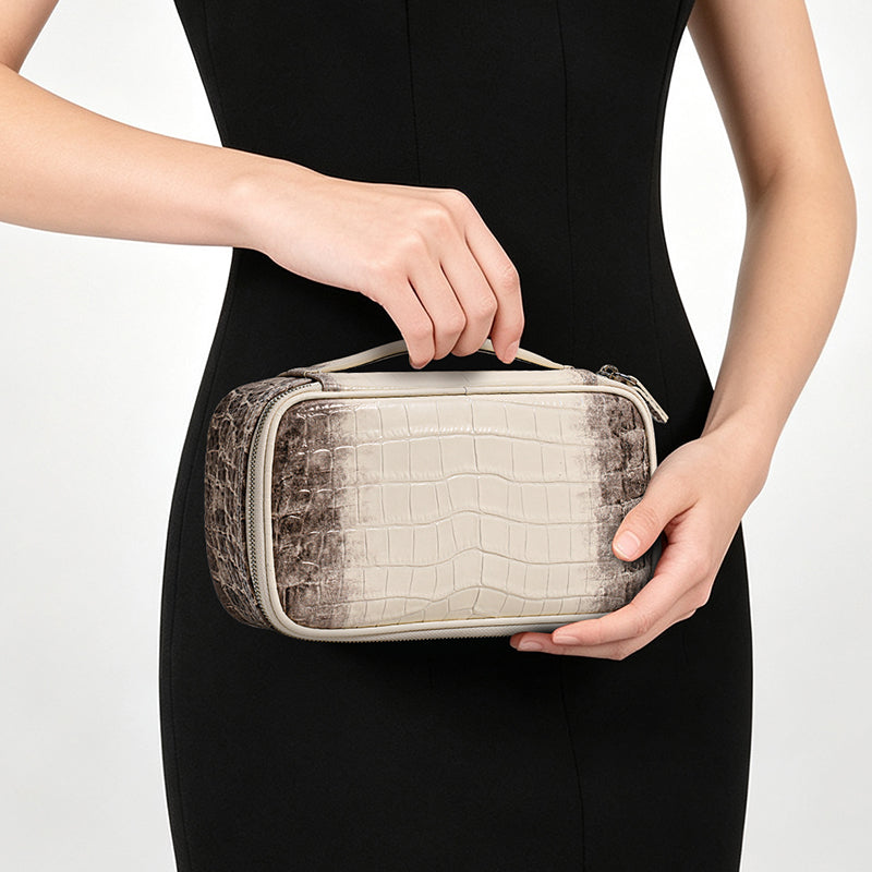 Genuine Cowhide Womens Makeup Bag,Crocodile Embossed Portable Cosmetic Pouch,Mini Travel Skincare Storage Case