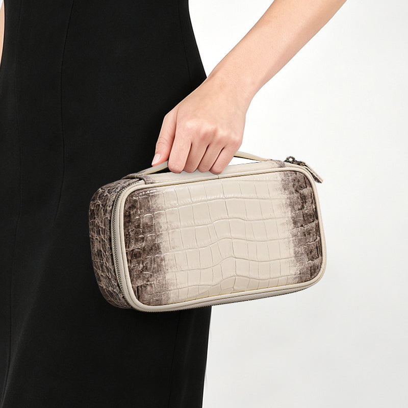 Genuine Cowhide Womens Makeup Bag,Crocodile Embossed Portable Cosmetic Pouch,Mini Travel Skincare Storage Case
