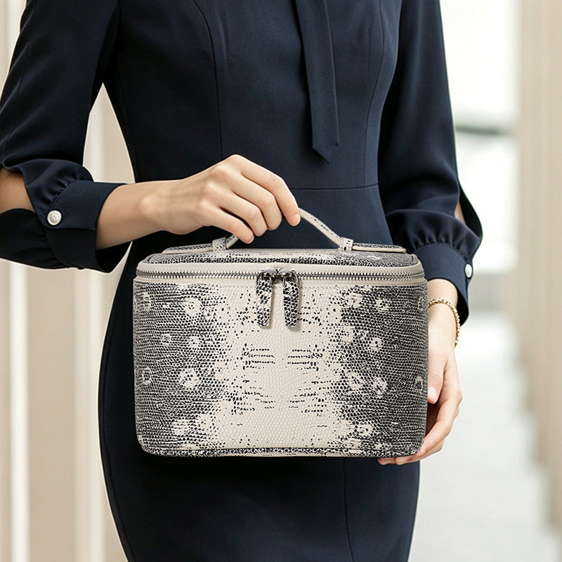 Genuine Cowhide Womens Makeup Case,Snake Print Handheld Cosmetic Organizer,Large Capacity Portable Travel Wash Bag