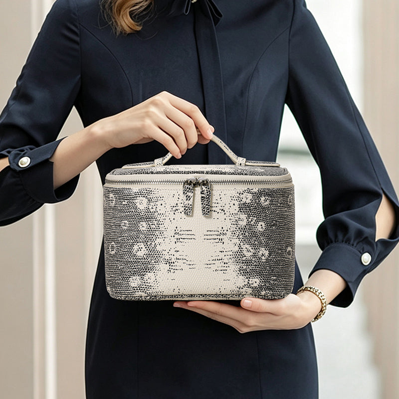 Genuine Cowhide Womens Makeup Case,Snake Print Handheld Cosmetic Organizer,Large Capacity Portable Travel Wash Bag