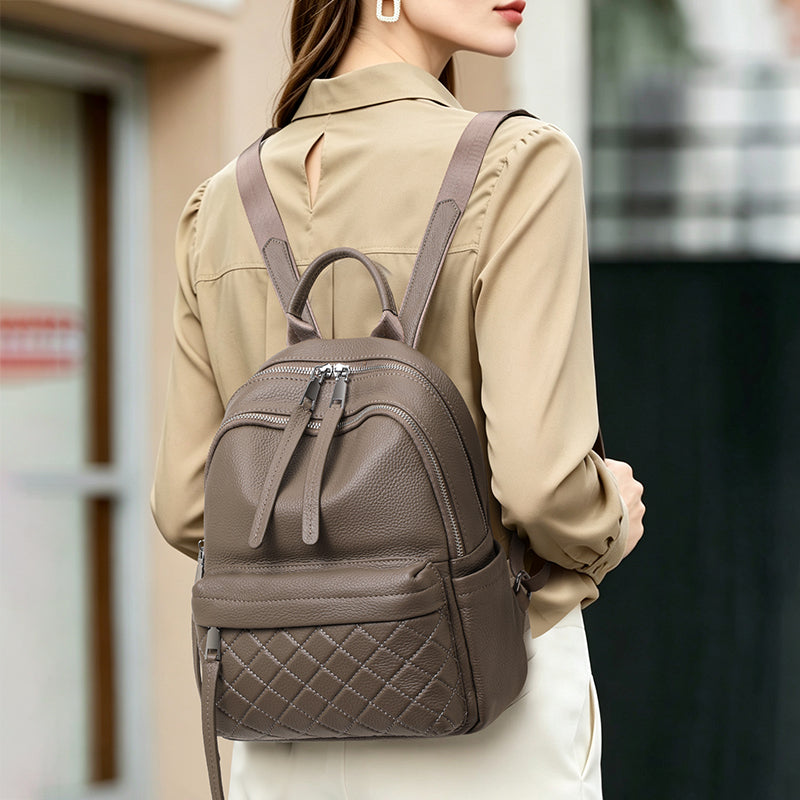Genuine Cowhide Womens Backpack,Pebbled Quilted Multi Pocket Rucksack,Adjustable Wide Strap Anti Theft Travel Daypack