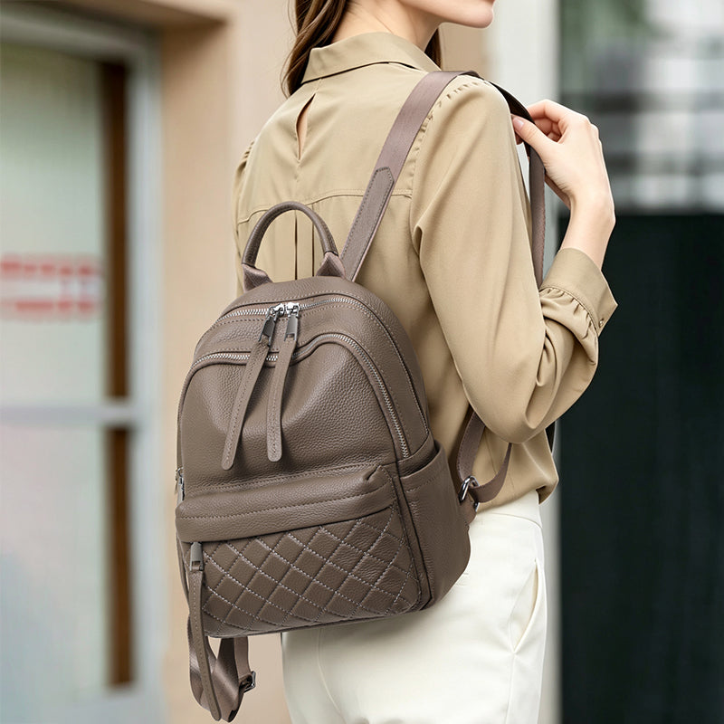 Genuine Cowhide Womens Backpack,Pebbled Quilted Multi Pocket Rucksack,Adjustable Wide Strap Anti Theft Travel Daypack