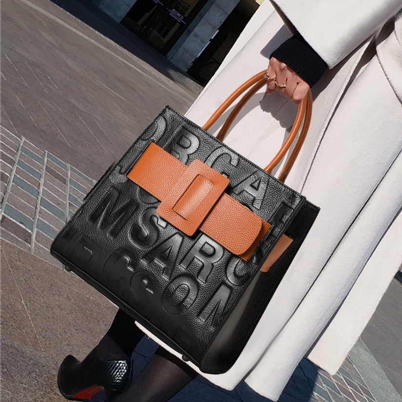 Genuine Cowhide Womens Handheld Tote Bag,Embossed Letter Square Handbag,Two Tone Buckle Large Capacity Office Purse With Multi Layer Inner Pockets