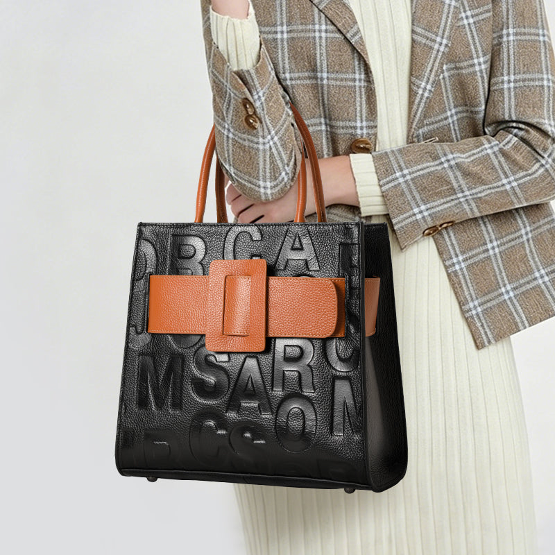 Genuine Cowhide Womens Handheld Tote Bag,Embossed Letter Square Handbag,Two Tone Buckle Large Capacity Office Purse With Multi Layer Inner Pockets