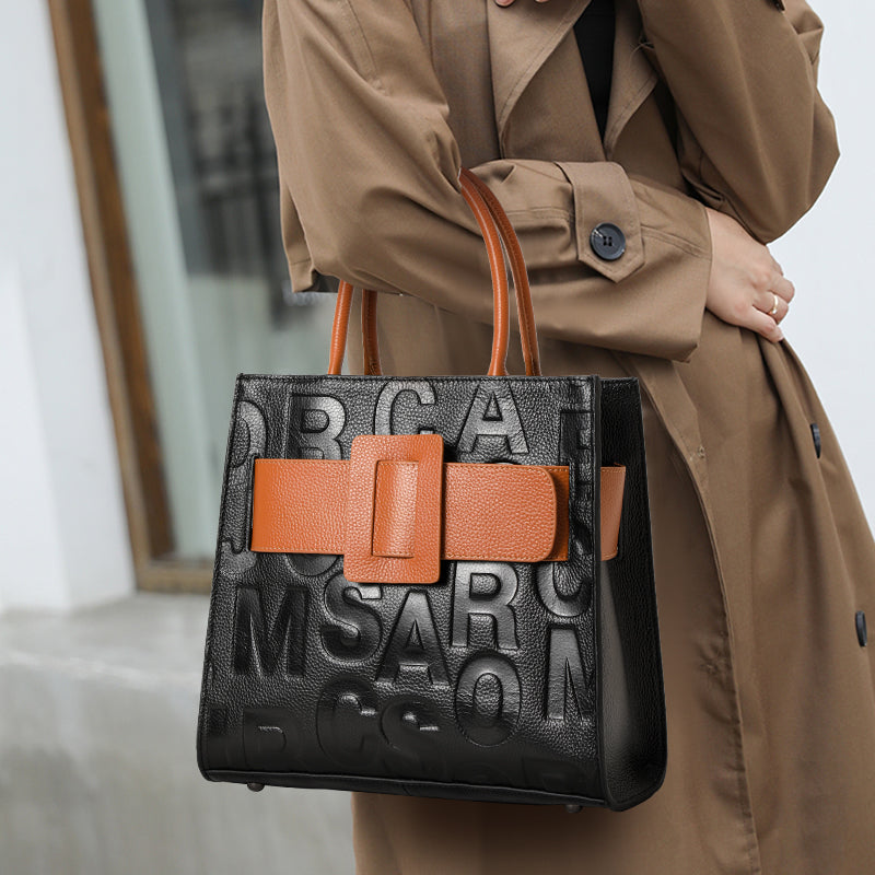 Genuine Cowhide Womens Handheld Tote Bag,Embossed Letter Square Handbag,Two Tone Buckle Large Capacity Office Purse With Multi Layer Inner Pockets