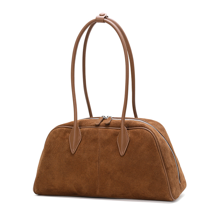 Genuine Suede Cowhide Womens Shoulder Bag,Long Pillow Underarm Tote,Retro Large Capacity Handheld Purse
