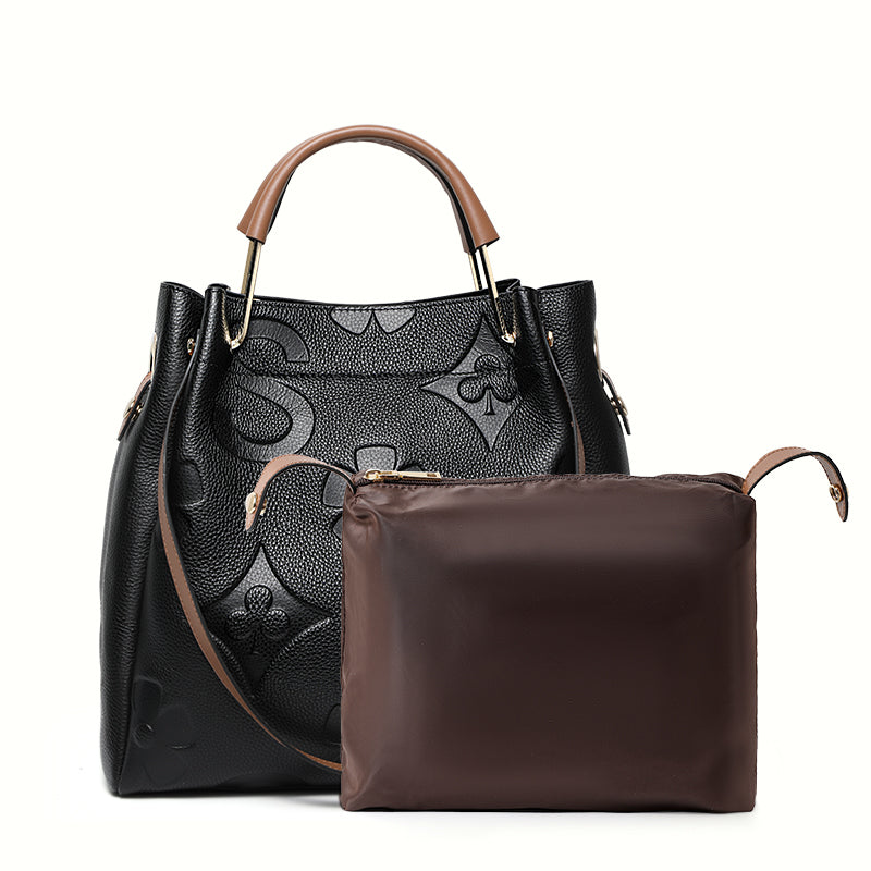 Genuine Cowhide Embossed Floral Large Soft Tote Handbag Women Detachable Wide Shoulder Strap Multi Pocket Daily Commute Travel Bag With Matching Pouch