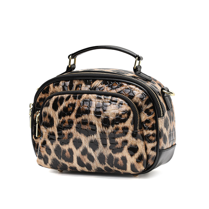 Top Layer Cowhide Women Crossbody Bag,Glossy Croc Leopard Print Oval Camera Bag Wide Adjustable Strap Multi Pocket