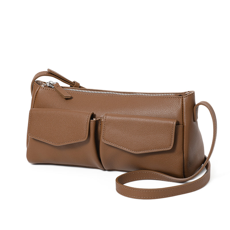 Genuine Cowhide Textured Rectangle Shoulder Bag Women,Adjustable Leather Crossbody Strap Multi Pocket Lightweight Office Handbag