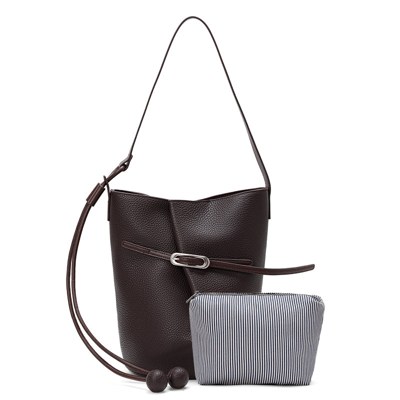 Genuine Cowhide Womens Bag,Pebbled Vertical Bucket Shoulder Bag,Drawstring Decor Matching Fabric Pouch Minimalist Crossbody Purse
