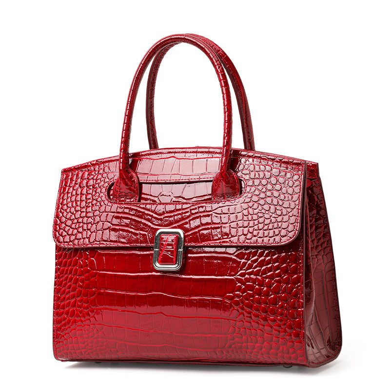 Genuine Cowhide,Glossy Crocodile Grain,Flap Tote Bag,Women Convertible Work Bag,Hand Carry,Cross Shoulder Carry,Office Commute,Business Trip