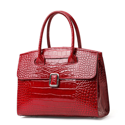 Genuine Cowhide, Glossy Crocodile Grain, Flap Tote Bag, Women's Convertible Work Bag, Hand Carry, Crossbody Carry, Office Commute, Business Trip