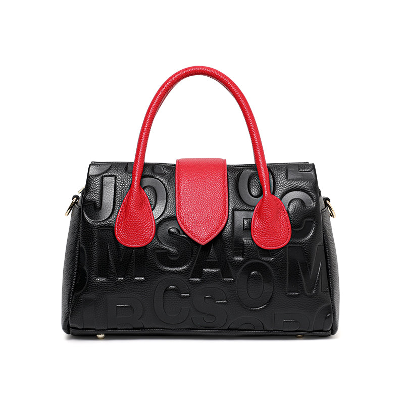 Genuine Cowhide Embossed Letter Color Block Womens Structured Pillow Handbag,Pebbled Multi Compartment Adjustable Crossbody Shoulder Bag